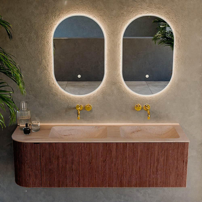 MONDIAZ KURVE-DLUX Meuble de salle de bains 145cm arrondi à gauche couleur Ruby avec 1 tiroir et 1 porte. Vasque LEAF Double / Droite sans trou de robinet Saba.