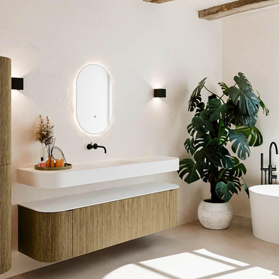 MONDIAZ THOR Meuble de salle de bains 170cm arrondi gauche + droite couleur Dusk avec 1 tiroir et 2 portes. Vasque suspendue CLOUD Milieu sans trou de robinet couleur Talc.