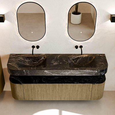 MONDIAZ THOR-DLUX 170cm meuble de salle de bains arrondi gauche + droite couleur Dusk avec 1 tiroir et 2 portes. Vasque suspendue CLOUD Double sans trou de robinet couleur Lava.