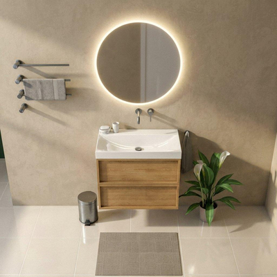 Saniclass Holz Frame Ensemble meuble de salle de bains - 80x45x67.5cm - lavabo Wave en céramique - 1 vasque - sans trou de robinetterie - 2 tiroirs - chêne natural mat (bois)