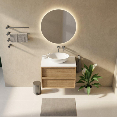 Saniclass Holz Frame Ensemble de meuble de salle de bains - 80x45x62.5cm - plan de toilette Torino en solid surface blanc - sans trou de robinetterie - 2 tiroirs - chêne natural mat (bois)