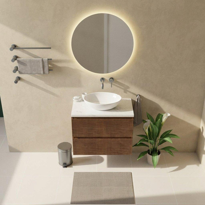 Saniclass Holz Atelier Ensemble de meubles de salle de bains - 80x45x63cm - Plan vasque en marbre Dia poli (blanc) - sans trou de robinetterie - 2 tiroirs - walnut pure mat (bois)