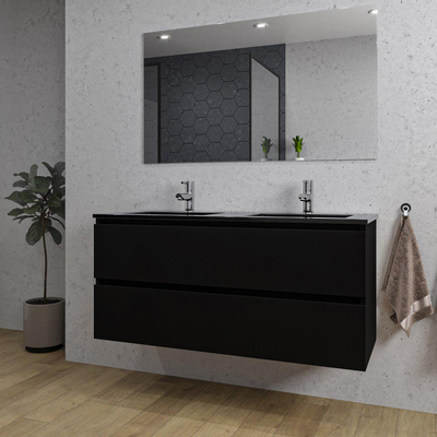 Saniclass Chaci Ensemble meuble de salle de bains - 120x46x55cm - lavabo céramique noir - 2 vasques - 2 trous de robinet - 2 tiroirs - miroir rectangulaire - noir mat