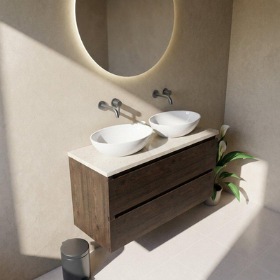Saniclass Holz Pure Ensemble de meubles de salle de bains - 120x45x63cm - plan de toilette en pierre naturelle travertin - sans trou de robinet - 4 tiroirs - chêne charcoal mat (bois)