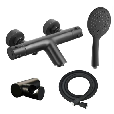 FugaFlow Efficiente Sobrado thermostatische bad-/douchekraan met handdouchehouder, doucheslang en 3-standen handdouche mat zwart -