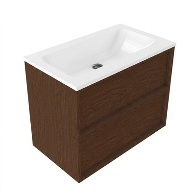 Saniclass Holz Frame Ensemble de meubles de salle de bains - 80x45x77.5cm - Lavabo Torino en solid surface blanc - sans trou de robinetterie - 2 tiroirs - noyer pure mat (bois)
