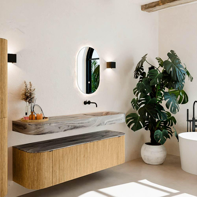 MONDIAZ THOR-DLUX 160cm meuble de salle de bains arrondi gauche + droite couleur Chêne avec 1 tiroir et 2 portes. Vasque suspendue CLOUD Droite sans trou de robinet couleur Sombra.