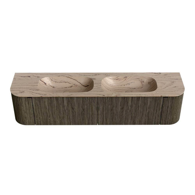 MONDIAZ KURVE-DLUX 190cm meuble de salle de bains arrondi Gauche + Droite couleur Shadow avec 2 tiroirs et 2 portes. Lavabo STOR SMALL Double 2 trous de robinet Arena.