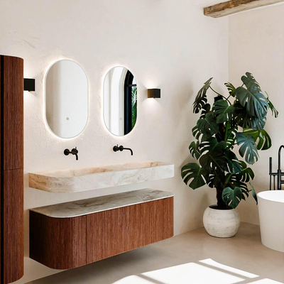 MONDIAZ THOR-DLUX 140cm meuble de salle de bains arrondi gauche + droite couleur Ruby avec 1 tiroir et 2 portes. Vasque suspendue CLOUD Double sans trou de robinet couleur Frappe.