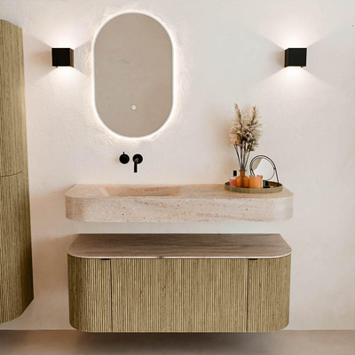 MONDIAZ THOR-DLUX Meuble de salle de bains 120cm arrondi gauche + droite couleur Dusk avec 1 tiroir et 2 portes. Vasque suspendue CLOUD Gauche sans trou de robinet couleur Saba.