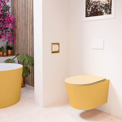 Mondiaz LAVIE hangtoilet – spoelrandloos – 36 x 53 cm – met softclose zitting – Ocher (geel), zitting Sand (beige)