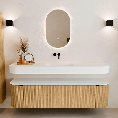 MONDIAZ THOR Meuble de salle de bains - 170cm - arrondi gauche + droite - couleur Oak - 1 tiroir - 2 portes - Vasque suspendue CLOUD Milieu sans trou de robinet - couleur Talc