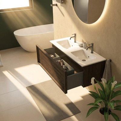 Saniclass Holz Frame Ensemble de meubles de salle de bains - 120x45x42cm - lavabo Vygo en céramique blanc - 2 vasques - 2 trous de robinetterie - 1 tiroir - chêne charcoal mat (bois)