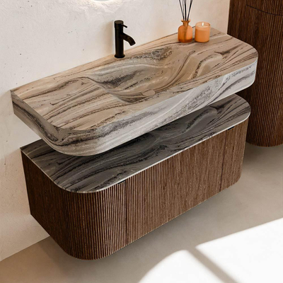 MONDIAZ THOR-DLUX 110cm badmeubel ronding links + rechts kleur Walnut met 1 lade en 2 deuren. Vrijhangende wastafel CLOUD Midden 1 kraangat kleur Sombra.