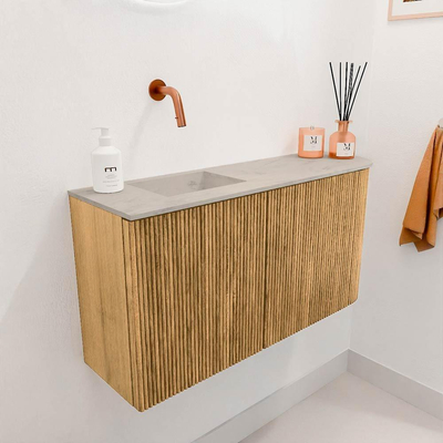 Mondiaz JOYA-DLUX 81.6cm toiletmeubel - ronding rechts kleur Oak - Wastafel FAYE positie Links Zonder kraangat kleur Opalo.