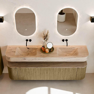 MONDIAZ THOR-DLUX 190cm meuble de salle de bains arrondi gauche + droite couleur Dusk avec 2 tiroirs et 2 portes. Vasque suspendue CLOUD Double sans trou de robinet couleur Arena.