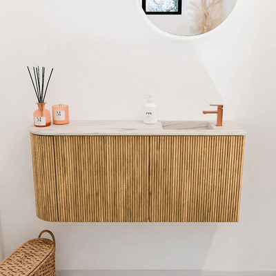 Mondiaz JOYA-DLUX 91.6cm toiletmeubel - ronding links kleur Oak - Wastafel FAYE positie Rechts 1 kraangat kleur Nata.