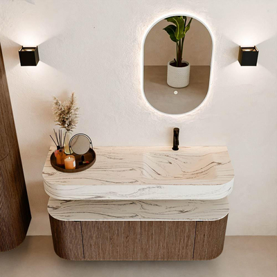 MONDIAZ THOR-DLUX 130cm badmeubel ronding links + rechts kleur Walnut met 1 lade en 2 deuren. Vrijhangende wastafel CLOUD Rechts 1 kraangat kleur Nata.