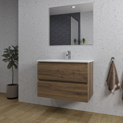 Saniclass Chaci Meuble de salle de bain - 80x46x55cm - lavabo en céramique blanc - 1 vasque - 1 trou de robinet - 2 tiroirs - miroir rectangulaire - noyer (hout)