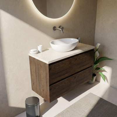 Saniclass Holz Pure Ensemble meuble de salle de bains - 100x45x63cm - Plan de travail en pierre naturelle travertin - sans trou de robinet - 2 tiroirs - chêne charcoal mat (bois)
