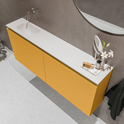 MONDIAZ TURE Toiletmeubel 120x23x50cm met 0 kraangaten 2 deuren ocher mat Wastafel Eden links Solid Surface Wit