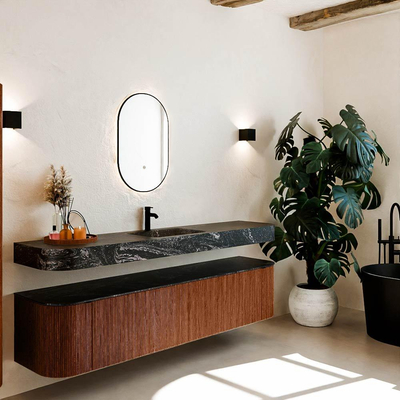 MONDIAZ THOR-DLUX Meuble de salle de bains - 200cm - arrondi gauche + droite - couleur Ruby - 2 tiroirs - 2 portes - Vasque suspendue CLOUD Milieu 1 trou de robinet - couleur Lava