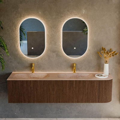 MONDIAZ KURVE-DLUX 175cm badmeubel ronding Rechts kleur Walnut met 2 lades en 1 deur. Wastafel STOR SMALL Dubbel / Links 2 kraangaten Saba.