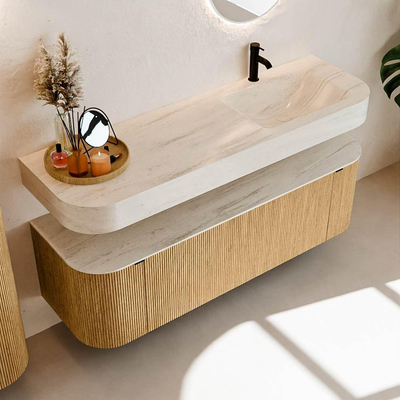 MONDIAZ THOR-DLUX 150cm meuble de salle de bains arrondi gauche + droite couleur Oak avec 1 tiroir et 2 portes. Vasque suspendue CLOUD droite 1 trou de robinet couleur Meli.