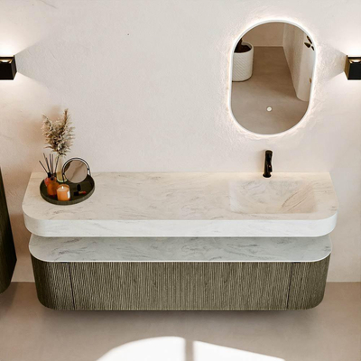 MONDIAZ THOR-DLUX 180cm meuble de salle de bains arrondi gauche + droite couleur Shadow avec 2 tiroirs et 2 portes. Vasque suspendue CLOUD Droite 1 trou de robinet couleur Opalo.