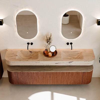 MONDIAZ THOR-DLUX 200cm meuble de salle de bains arrondi gauche + droite couleur Ruby avec 2 tiroirs et 2 portes. Vasque suspendue CLOUD Double sans trou de robinet couleur Arena.