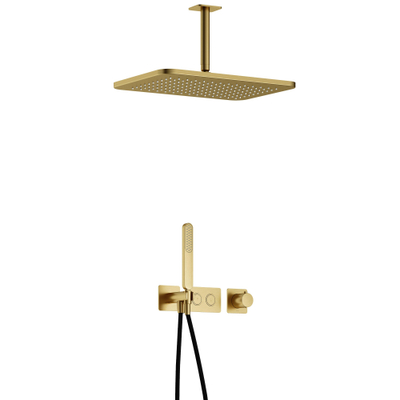 Hotbath Gmetal IBS41 Ensemble de douche complet encastré - thermostatique - 2 boutons poussoirs - bras plafond de 15 cm - douche principale rectangulaire de 27 cm - douchette à main - laiton brossé PVD