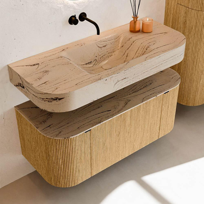 MONDIAZ THOR-DLUX 110cm badmeubel ronding links + rechts kleur Oak met 1 lade en 2 deuren. Vrijhangende wastafel CLOUD Midden zonder kraangat kleur Arena.