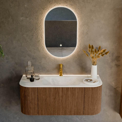 MONDIAZ KURVE-DLUX 110cm Meuble salle de bain avec module 25 G et D - couleur Walnut - 1 tiroir - 2 portes - vasque CLOUD centre - 1 trou de robinet - couleur Opalo