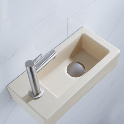 QeramiQ Fuente Fonteinset - 37.5x18.5x9cm - keramiek - kraangat links - fonteinkraan geborsteld RVS - afvoerplug - verlaagd sifon - Mat Beige