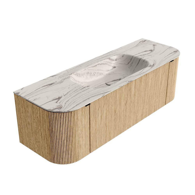 MONDIAZ KURVE-DLUX 140cm badmeubel ronding Links + Rechts kleur Oak met 1 lade en 2 deuren. Wastafel BIG SMALL Midden zonder kraangat Nata.