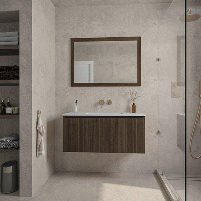 Saniclass Holz Base Ensemble meuble de salle de bains - 100cm - 1 vasque en céramique blanche - sans trou de robinet - 1 tiroir - miroir - chêne foncé