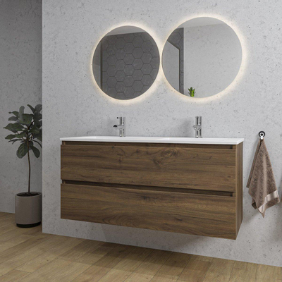 Saniclass Chaci Meuble de salle de bain - 120x45x55cm - lavabo en céramique brillant blanc - 2 vasques - 2 trous de robinet - 2 tiroirs - noyer