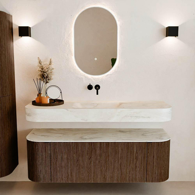 MONDIAZ THOR-DLUX 140cm badmeubel ronding links + rechts kleur Walnut met 1 lade en 2 deuren. Vrijhangende wastafel CLOUD Midden zonder kraangat kleur Ostra.