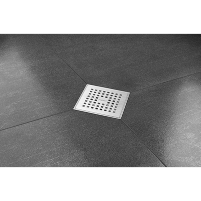 Easy Drain Aqua Plus Quattro siphon de sol avec finition en acier inoxydable avec grille en acier inoxydable et sortie latérale 15x15cm profondeur d’installation 73 106mm garde d’eau 50 à 25mm
