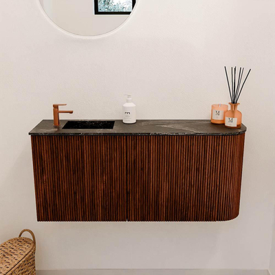 Mondiaz JOYA-DLUX 91.6cm toiletmeubel - ronding rechts kleur Ruby - Wastafel FAYE positie Links 1 kraangat kleur Lava.