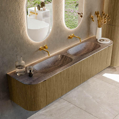 MONDIAZ KURVE-DLUX 190cm meuble de salle de bains arrondi Gauche + Droite couleur Dusk avec 2 tiroirs et 2 portes. Lavabo STOR SMALL Double sans trou de robinet Oza.