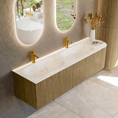 Mondiaz KURVE-DLUX Ensemble de meuble de salle de bains - 165x46x40cm - 2 tiroirs - 1 porte - vasque solid surface - double / gauche - 2 trous de robinet - Dusk