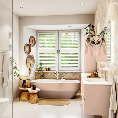 MONDIAZ Vica Ensemble meuble de salle de bains - 180cm - meuble bas rosee - 4 tiroirs - lavabo moon à droite - 1 trou de robinet - version haute 60cm - talc