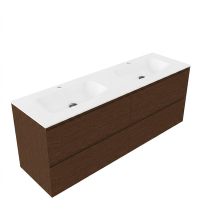 Saniclass Holz Pure Ensemble de meubles de salle de bains - 160x45x61.5cm - Flow vasque en Solid Surface blanc - 2 vasques - 2 trous de robinet - 4 tiroirs - mat walnut pure (bois)