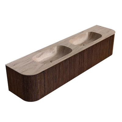 MONDIAZ KURVE-DLUX Meuble de salle de bains 200cm arrondi Gauche + Droite couleur Walnut avec 2 tiroirs et 2 portes. Plan-vasque STOR SMALL Double 2 trous de robinet Saba.