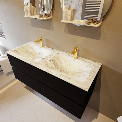 Mondiaz VICA-DLUX ensemble de meuble de salle de bain - 120cm - meuble sous-vasque urbain - 4 tiroirs - lavabo encastré nuage double - 2 trous de robinet - version haute de 60cm - glace