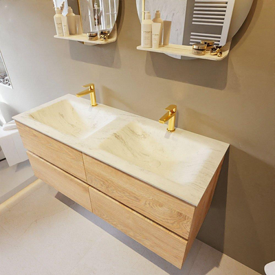 Mondiaz VICA-DLUX ensemble de meuble de salle de bain - 120cm - meuble sous-vasque chêne blanchi - 4 tiroirs - lavabo encastré cloud double - 2 trous de robinet - version haute de 60cm - opalo