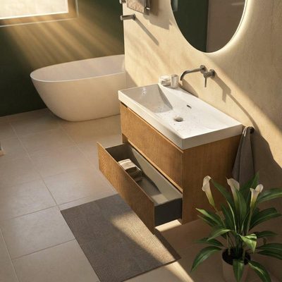 Saniclass Holz Atelier Ensemble meuble de salle de bains - 100x45x67.5cm - Wave lavabo en céramique - 1 vasque - sans trou de robinet - 2 tiroirs - chêne natural mat (bois)