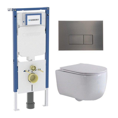 QeramiQ Dely Swirl Toiletset - 36.3x51.7cm - diepspoel - rimless - Geberit UP720 Duofix Sigma inbouwreservoir - slim zitting - gunmetal bedieningsplaat - rechtehoekige knoppen - wit mat