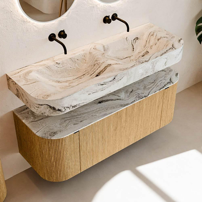 MONDIAZ THOR-DLUX 130cm meuble de salle de bains arrondi gauche + droite couleur Oak avec 1 tiroir et 2 portes. Vasque suspendue CLOUD Double sans trou de robinet couleur Glace.